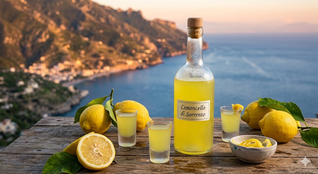 limoncello glasses cheers in a classic lemon gorve in sorrento
