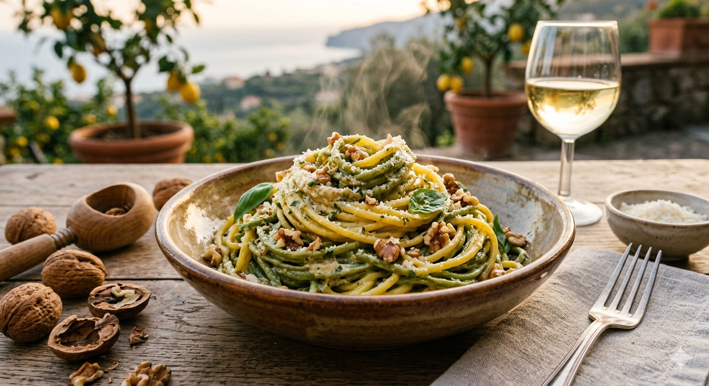 A steaming plate of green and yellow paglia e fieno pasta coated in a creamy Sorrento walnut and basil pesto, served in a rustic trattoria