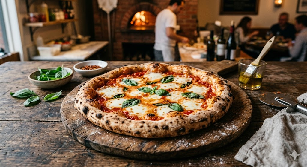 Pizza Margherita tradizionale appena sfornata con cornicione alto e alveolato, mozzarella fusa e foglie di basilico fresco
